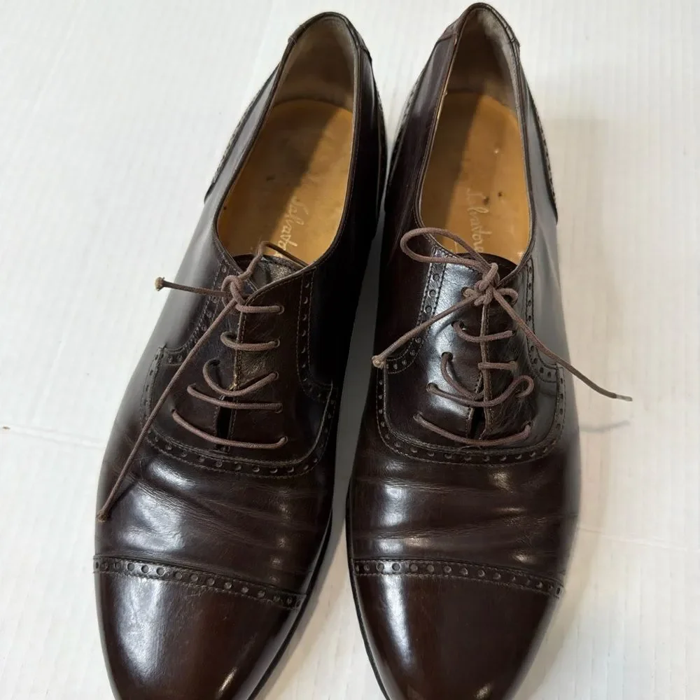Salvatore Ferragamo Studio Brown Red Leather Oxford Lace-Up Shoes size 9.5 D